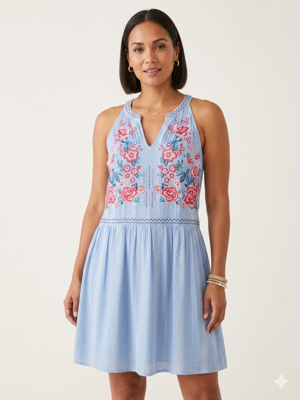 Andree by Unit Embroidered Fully Lined Rayon Halter Dress Blue Boho Floral SZ L